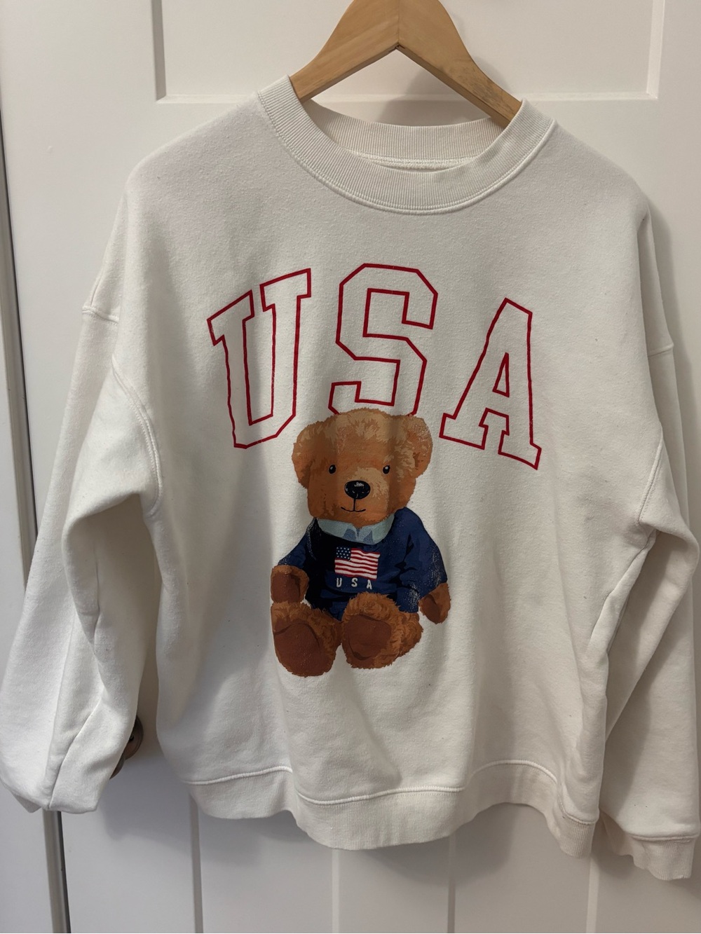 Grayson Threads White Crewneck with Red USA and Brown Bear